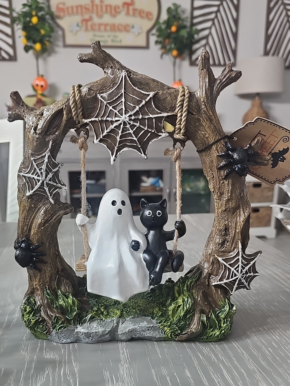New! Halloween Ghost & Black Cat Sharing A Haunted Tree Swing